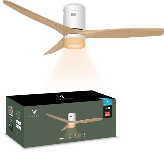 Varin® Smart Ventilator met LED verlichting - Wit/Naturel - Tuya Wifi - LED CCT - Lange bladen - Ø 132cm - 6 snelheden - Super stil 20dB - Met afstandsbediening en app - Ventilatorkachel - Ventilatoren plafond - Verkoeling en verwarming
