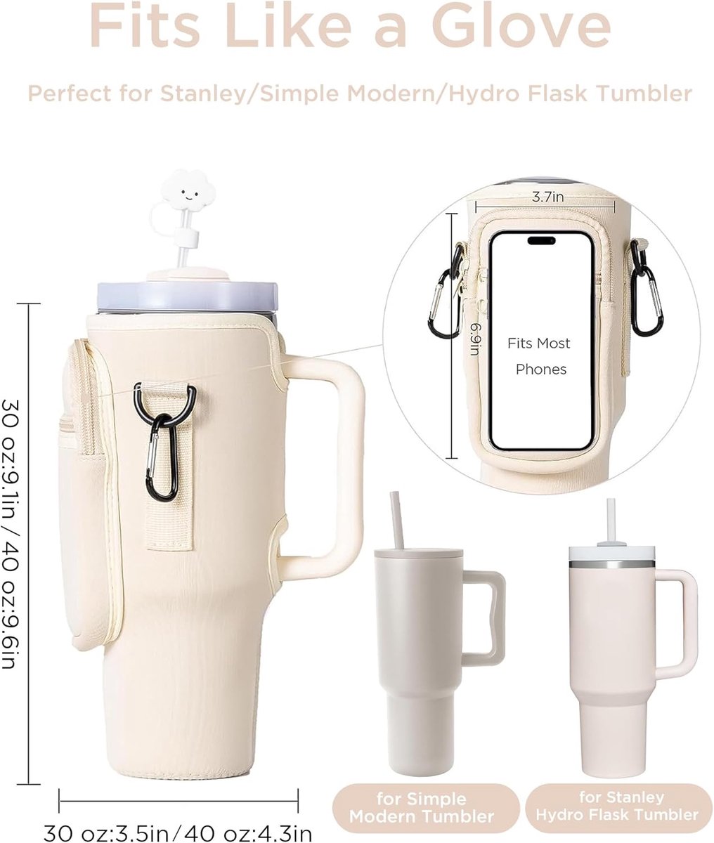 Waterfleshouder geschikt voor - stanley thermosfles stanley beker stanley drinkfles 40 oz - Draagtas - Bekerhouder - stanley cup accessoires - Schoudertas - Telefoonhouder - Beige – foto 2