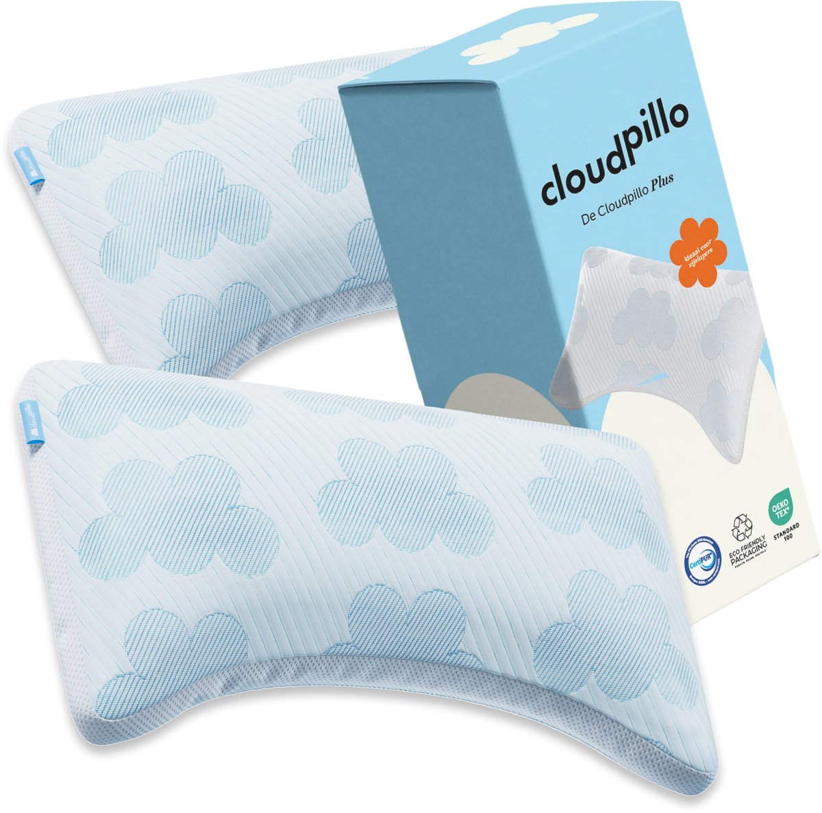 Cloudpillo Hoofdkussen 2 Pack - Plus - Memory Foam - Ergonomisch Design met Schouderuitsparing & Verstelbaar - Geschikt voor rug-, zij- en buikslapers