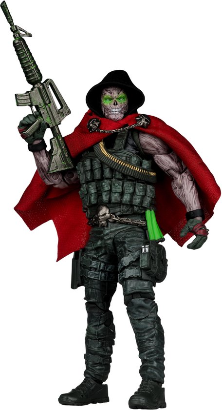 Actiefiguur van Burned Spawn met geweer, gekleed in camouflagebroek, groen vest met munitie, rode cape met capuchon.
