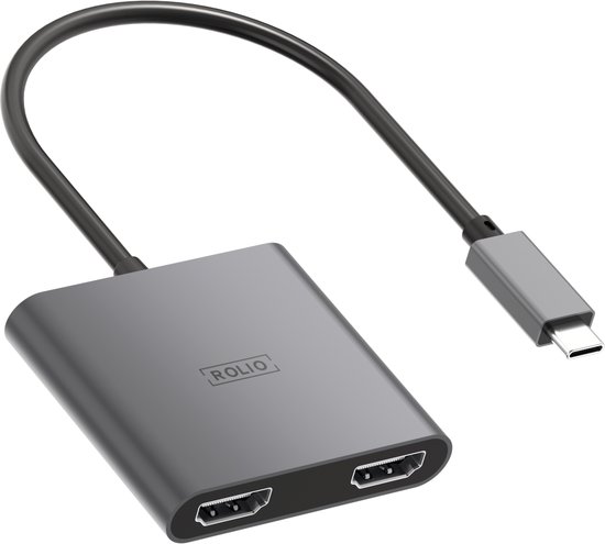 Grijze Rolio adapter met twee HDMI-poorten en een USB-C-kabel.