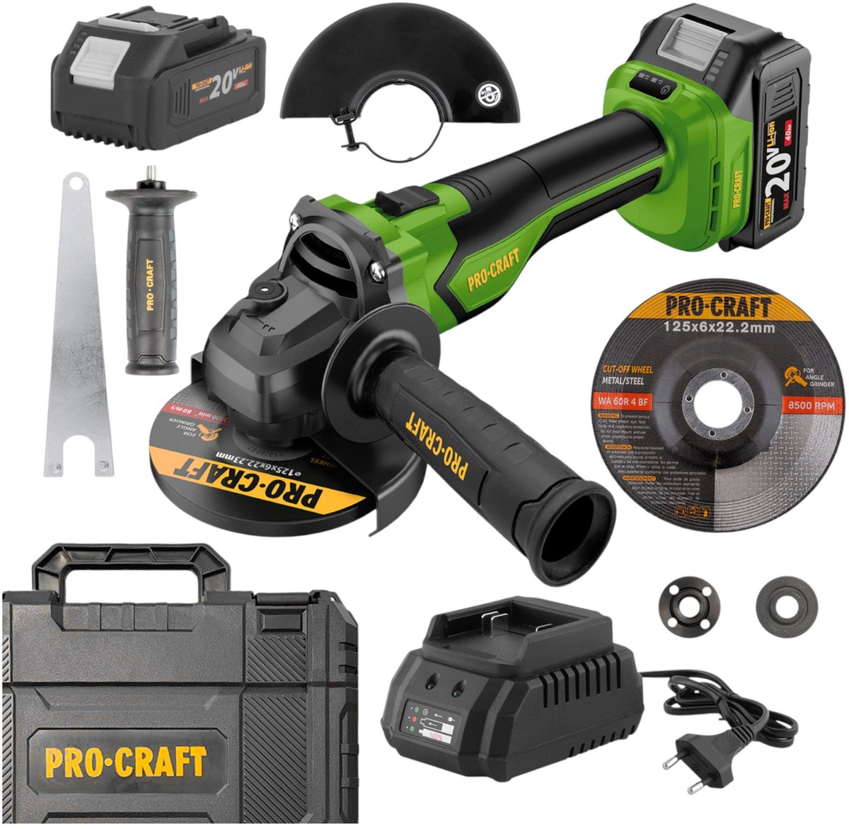 Procraft PGA22-1B-C accu haakse slijper 20 V 125 mm borstelloos + 1x accu 4,0 Ah + oplader + koffer