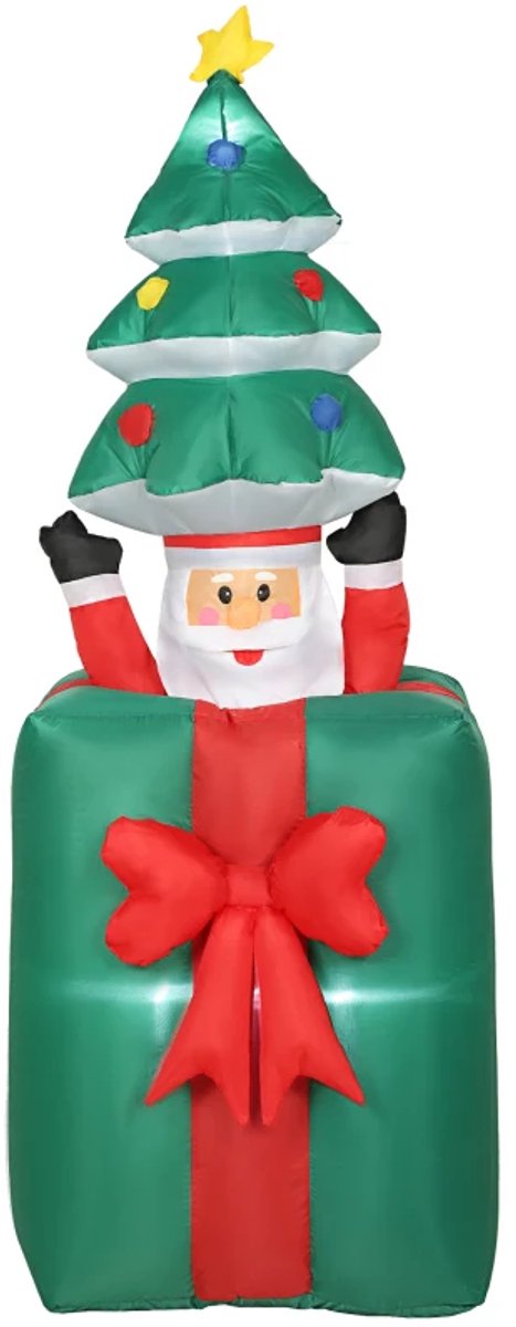 Opblaasbare Kerstman met Geschenkdoos en Kerstboom - Kerstmanfiguur met LED-verlichting - Kerstversiering - Weerbestendig - Kerstdecoratie voor Binnen en Buiten - 80 x 67 x 213 cm - Rood/Groen