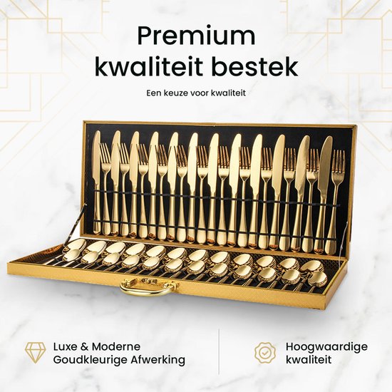 MIRO® Gouden Bestekset 48 Delig- 12 Personen - Mes/Vork/Lepel - Roestvrij Staal - Inclusief Koffer - Feestdagen - Kerst 2025 - Goud