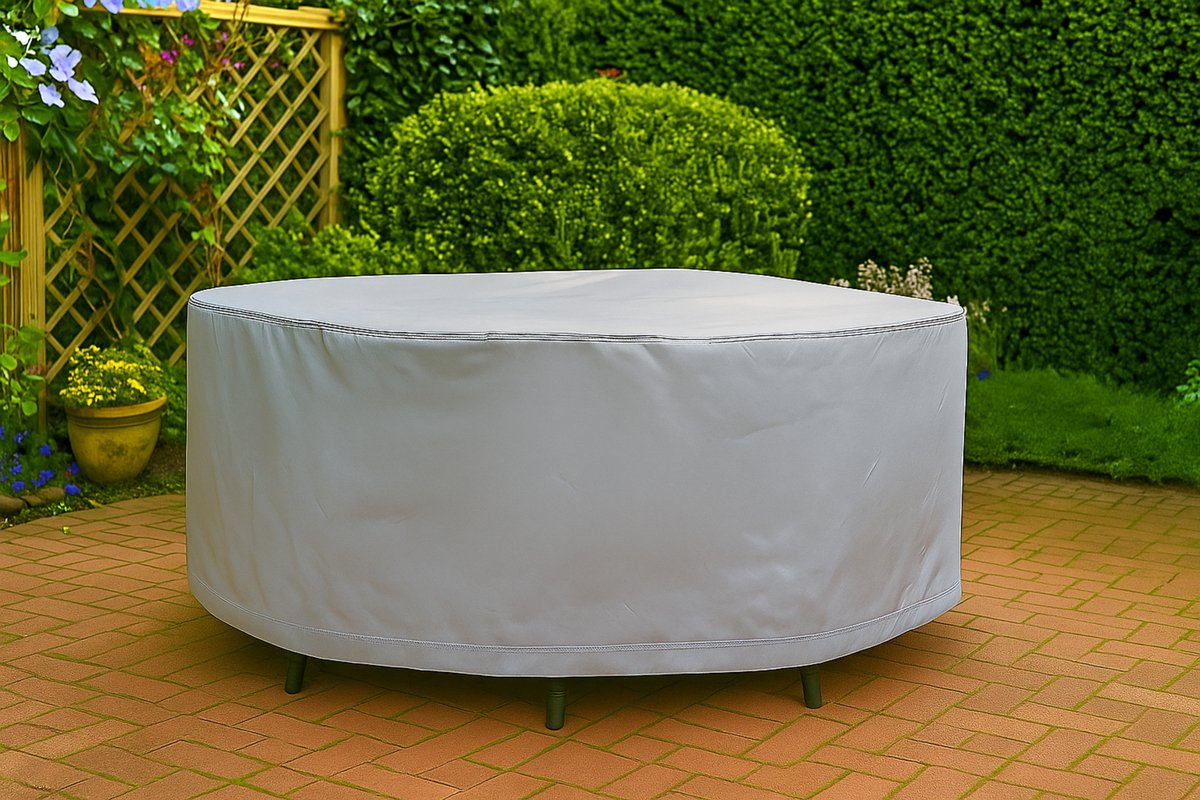 COVER UP HOC - Diamond hoes ronde tuintafel - 180x80 cm (diameter x hoogte) - tuinset beschermhoes waterdicht met Stormbanden, Trekkoord en Afwaterings HOCCIE - Zilvergrijze hoes tuintafel rond