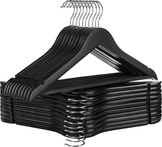 Monza Home® Houten Kleerhangers – Set van 20 stuks – Zwart Kledinghangers – Antislip Broekstang – 360° Draaibare Haak