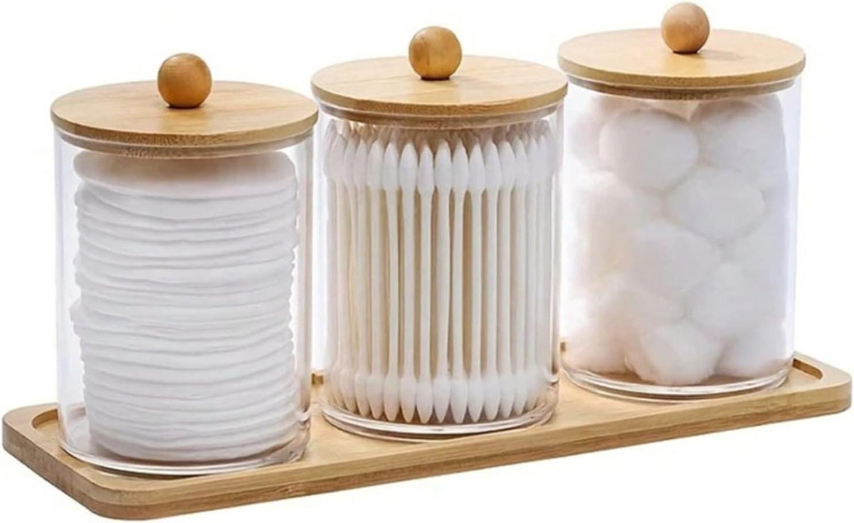 Provento - Opbergdoos voor wattenschijfjes en wattenstaafjes met bamboe dienblad - 3 stuks - Badkamer make-up opslag
