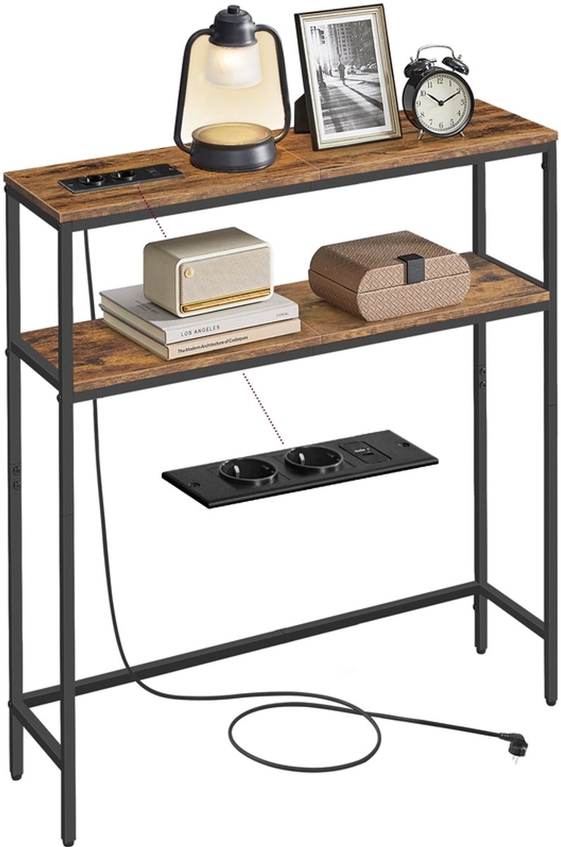 Songmics Vasagle - haltafel - sidetafel consoletafel met planken – 80 cm – met stopcontact -Vintage Brown/Inktzwart
