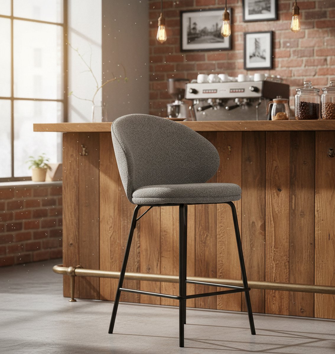 Set van 2 Design Barkrukken met Rugleuning - Donkergrijs Bouclé Zwart Metalen Onderstel - Medahomestore