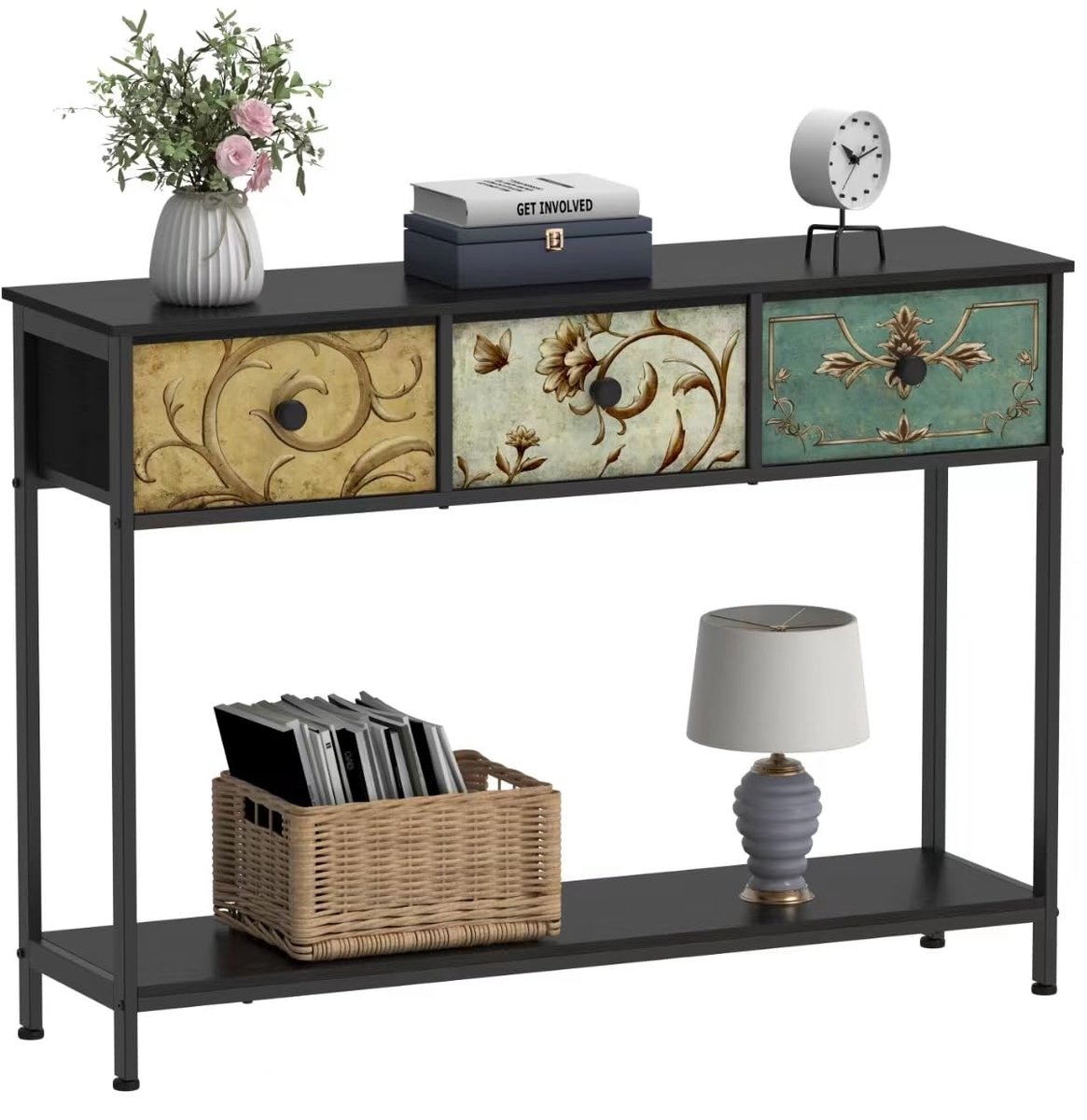 Trankielo Consoletafel met 3 stoffen laden - Bijzettafel voor gang, woonkamer en slaapkamer - Eenvoudige montage, zwart zwart, wit, multi