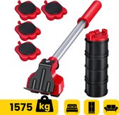 Set van 4 rode meubelrollers, een meubellifter en zwarte stapelbare verhogers. Maximale draagkracht 1575 kg.