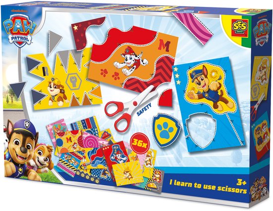 Doos met knutselkaarten van Paw Patrol om te leren knippen, met Chase en Marshall, inclusief schaar.