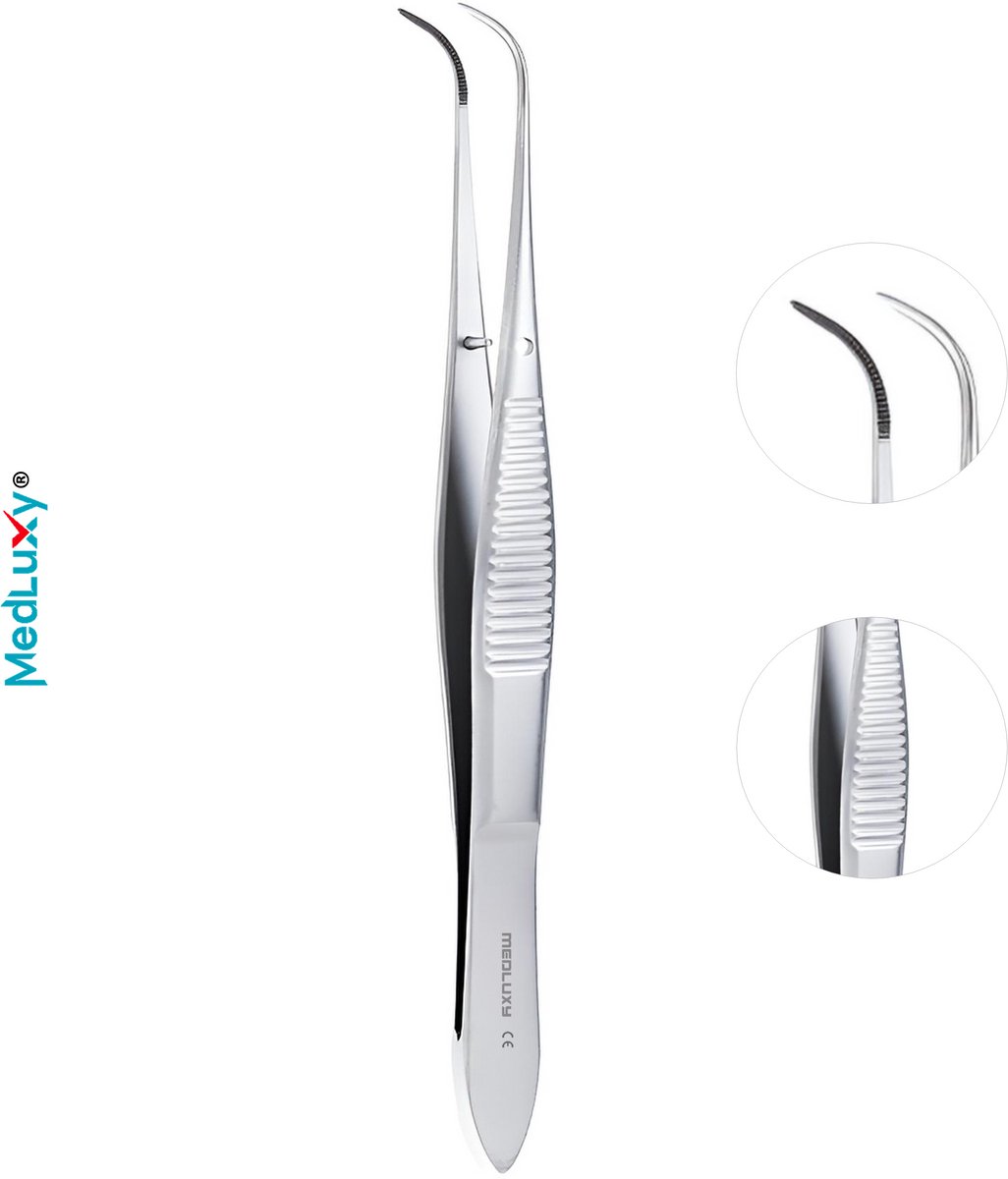 MEDLUXY® - Splinterpincet - 12 cm - Chirurgisch RVS - Precisiepincet - Fijne Gehoekte Gebogen Punt - Professionele Splinterverwijderaar - Antislip EHBO Pincet - (Hobby, Knutselen etc.) - M-0615