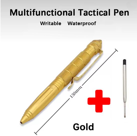 Action4you® - Stylo de défense tactique - Brise-vitre - Stylo à bille - Stylo d'autodéfense - 1 pièce avec recharge supplémentaire - Stylo de Survie - Or