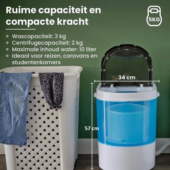 Nexxt Mini Wasmachine met Centrifuge en Bovenlader - Tot 3KG Wasgoed - Snelprogramma: 15 Minuten - Energiezuinig - Handig voor de Camping - Wit/ Blauw van Nexxt — afbeelding 4