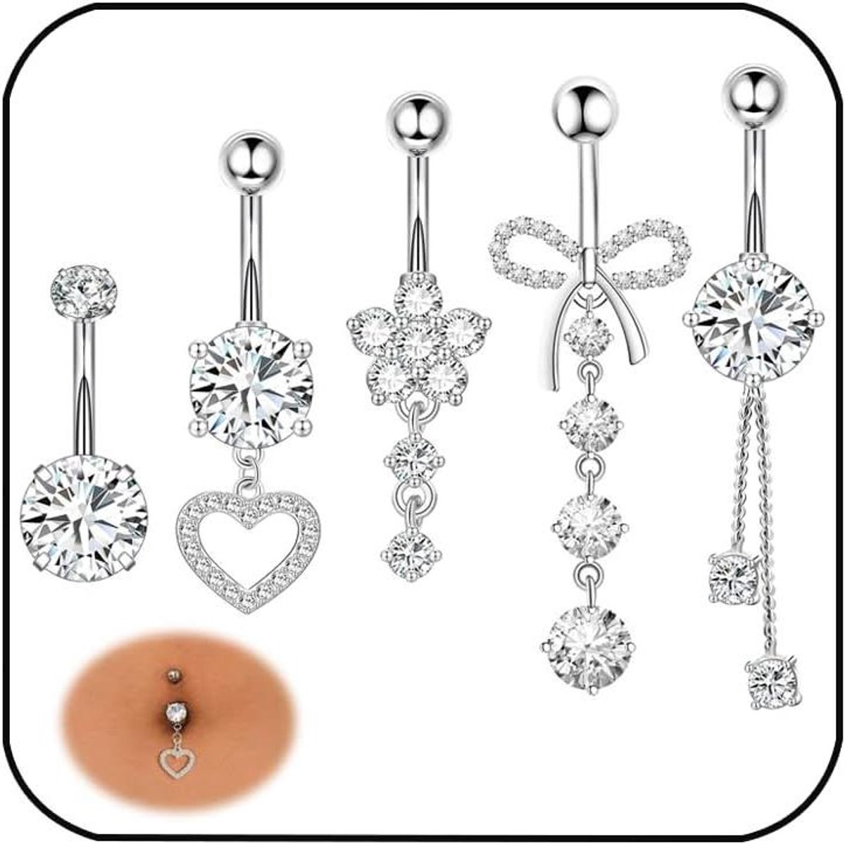 CSGoods - 5-delige set navelpiercings voor dames - roestvrij staal - bungelende navelringen - hart, bloem, strik design - zilver - 14G