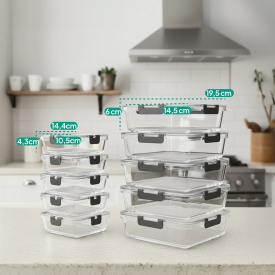 Boîtes de conservation en Glas - Lot de 10 - Boîtes Prep des repas - Boîtes de congélation - 1040 ml / 370 ml - Vert vif