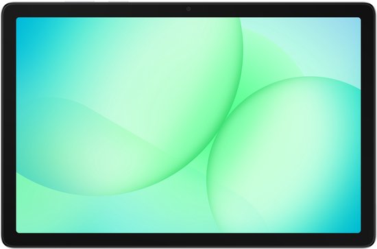 Zilveren tablet met zwart frame en groen-blauwe achtergrond op het scherm.