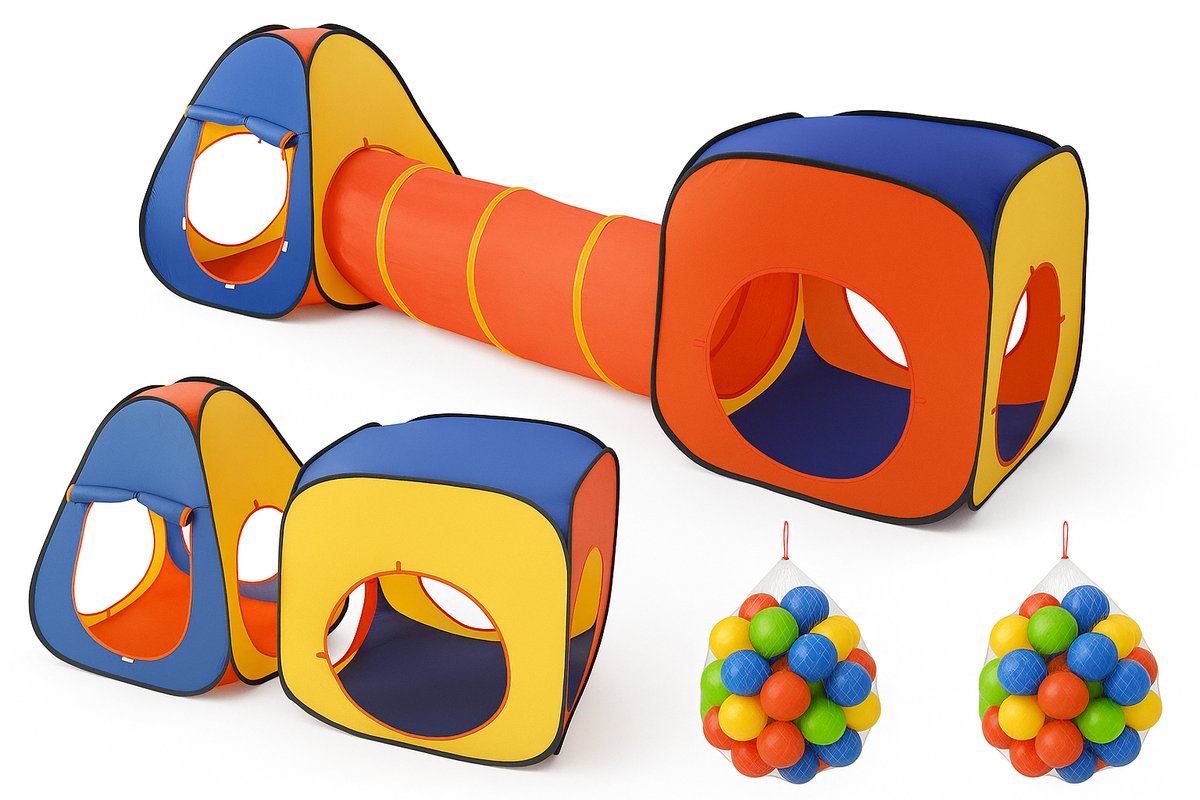 3-in-1 Pop-Up Speeltent Met Tunnel Voor Kinderen met 100 Ballen - Kruiptunnel - Speelgoed Speelhuis Tent Kindertent