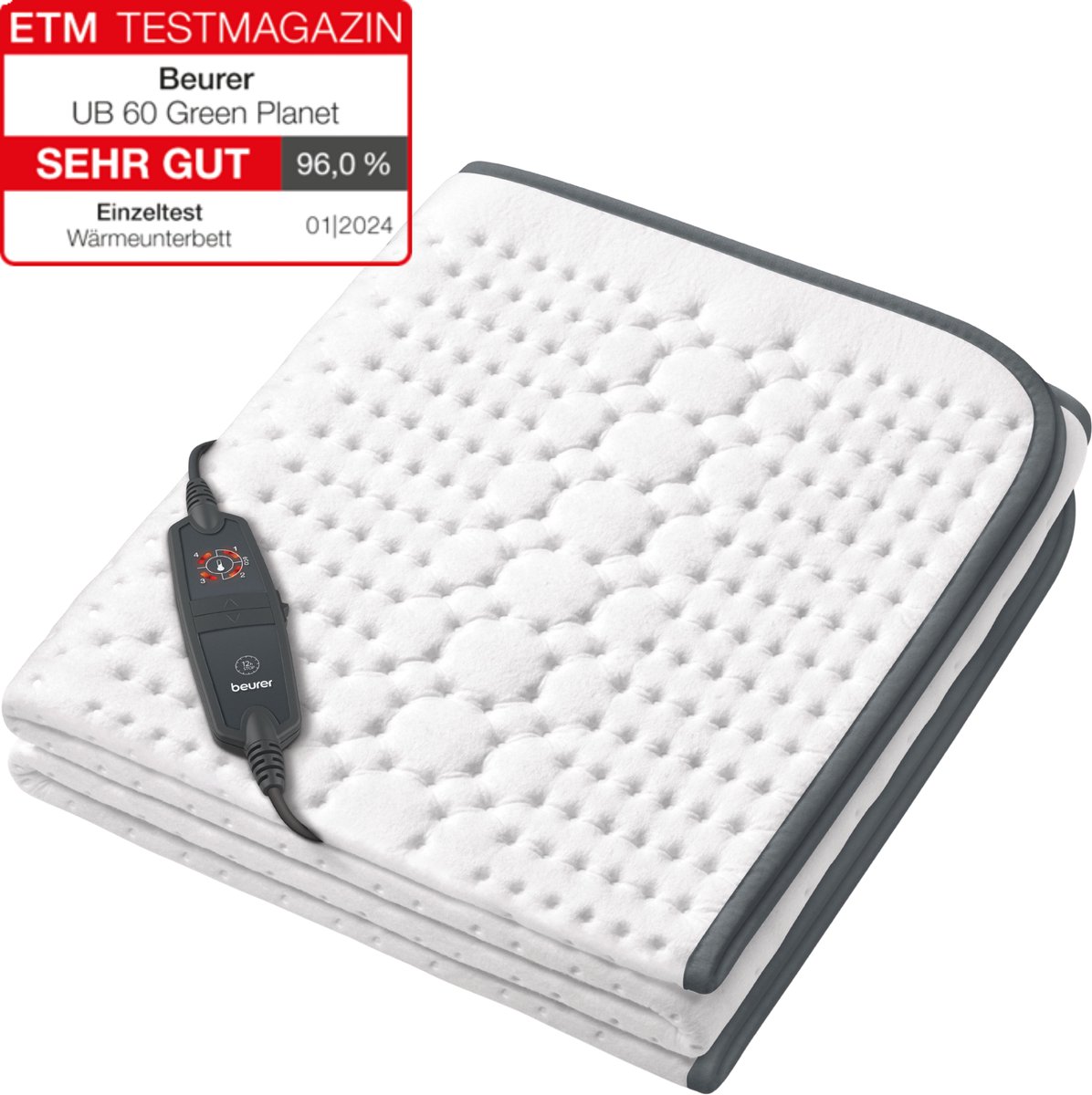 Beurer Elektrische deken | Onderdeken | 150 x 80 cm | UB 60 Green Planet | 4 Warmtestanden/2 ecostanden | Automatische uitschakeling | Gerecycled materiaal | Machinewasbaar | 5 Jaar garantie | Wit