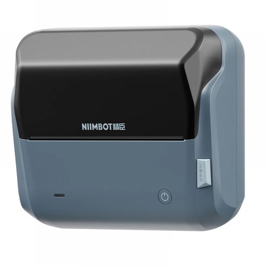Space blue Niimbot labelprinter met zwart deksel en "OPEN" knop aan de zijkant.