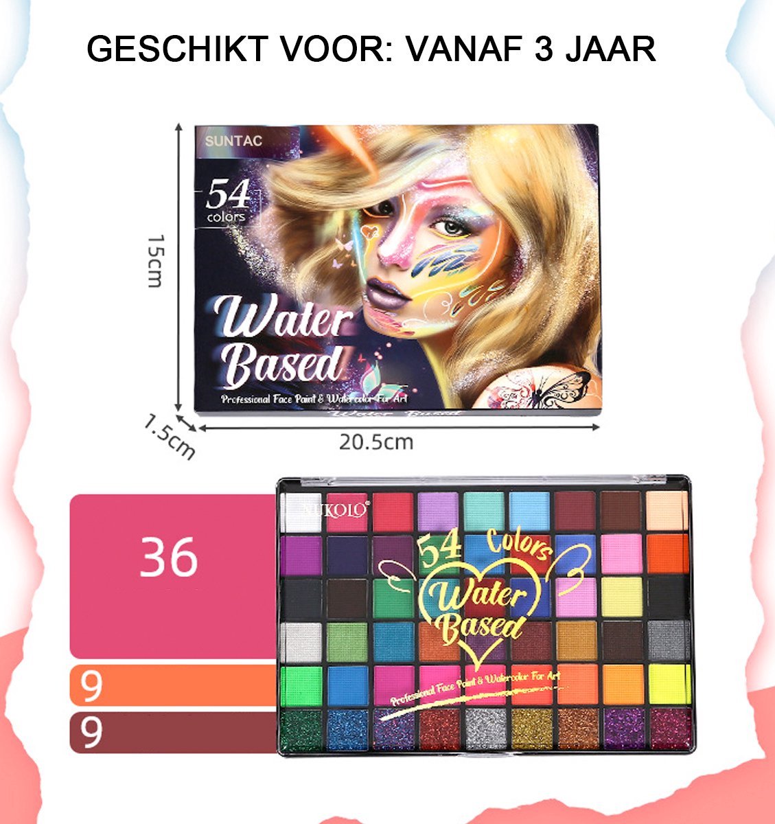 Suntac Professionele Schminkset - 54 Kleuren - Waterbasis - Incl. 10 Penselen & Sjablonen - Hét Ideale Festival & Feest Cadeau - Veilig voor Kinderen & Volwassenen — afbeelding 14