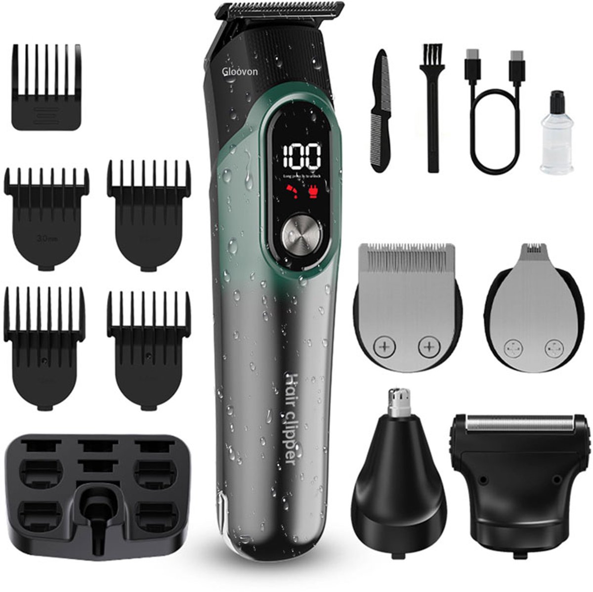 Gloovon® Tondeuse Set & Multigroomer - 5-in-1 Draadloos & USB-C Oplaadbaar - Met LED Display & Opbergstation - RVS Messen - Cyaan