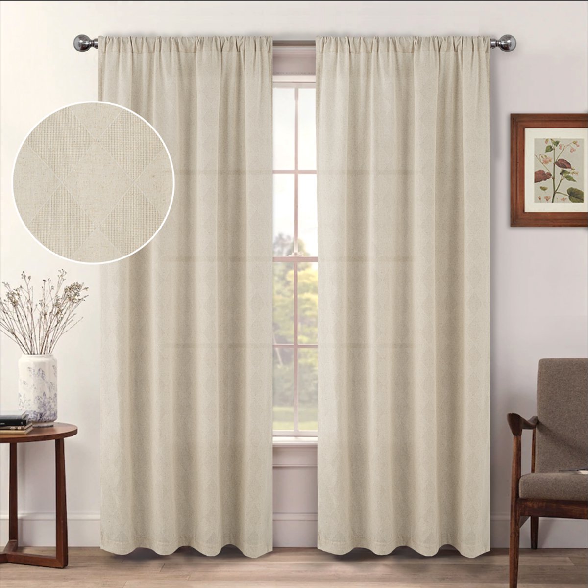 Floraweg Gaas jacquard geruite gordijnen, Boho linnen gaasgordijnen die licht filteren voor deurramen, voor woonkamer interieur, beige, 135 x 220 cm