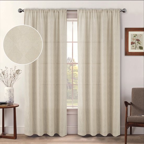 Rideaux gaze jacquard à carreaux, Rideaux gaze lin Boho qui filtrent la lumière pour portes-fenêtres, pour intérieur salon, beige, 135 x 220 cm