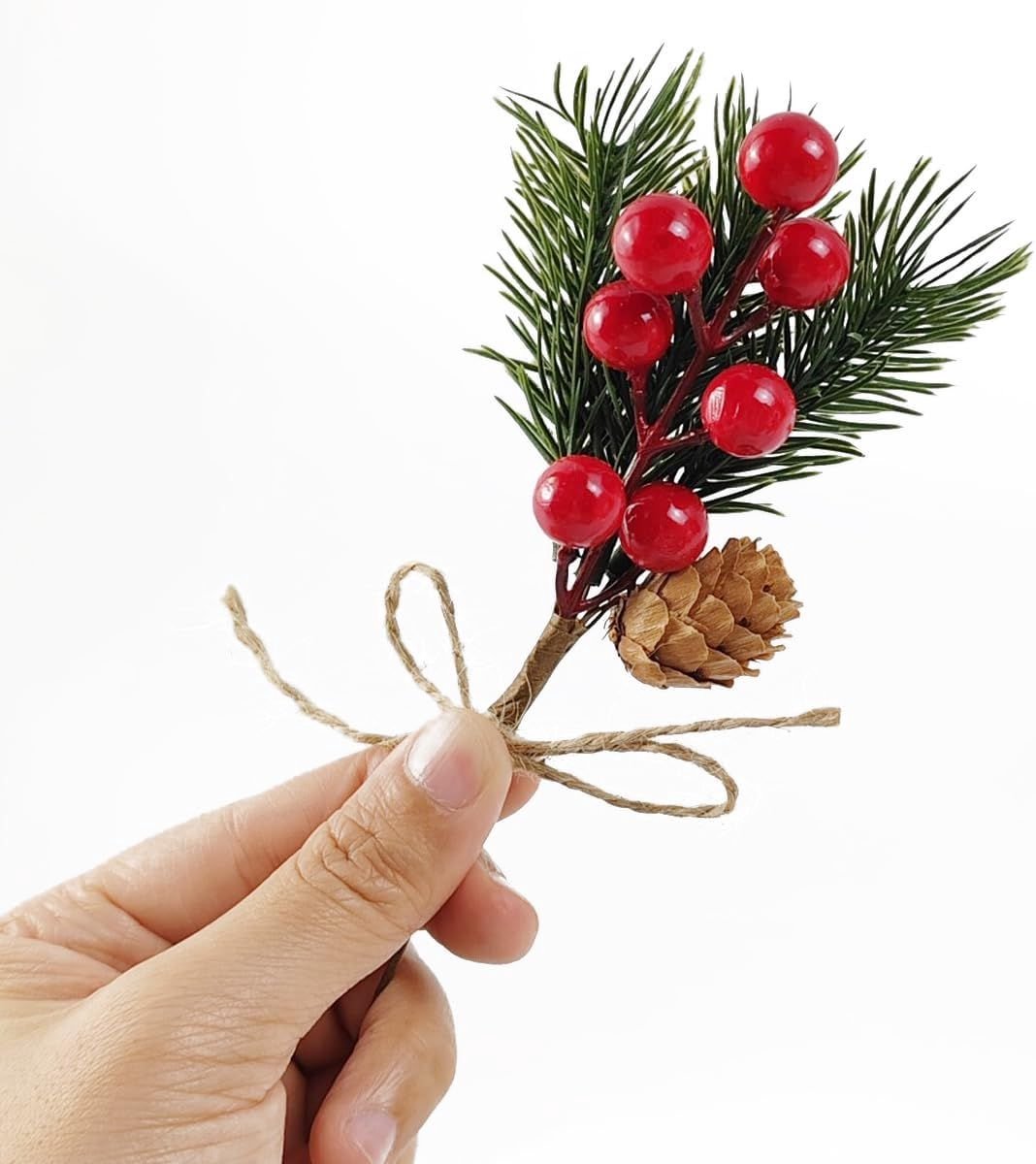 20 stuks - c - Kerstkrans - Kunst Dennentakken met Bessen - 25X5cm - Kerst Takken Decoratie met Juten Strik - Kerststukjes - Realistische Kerststukjes Takken – foto 3