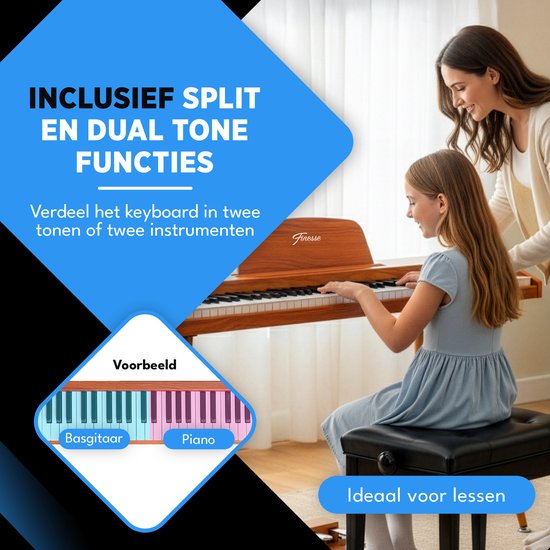 Moeder en dochter spelen op digitale piano met houten afwerking. Ideaal voor lessen met split/dual tone.