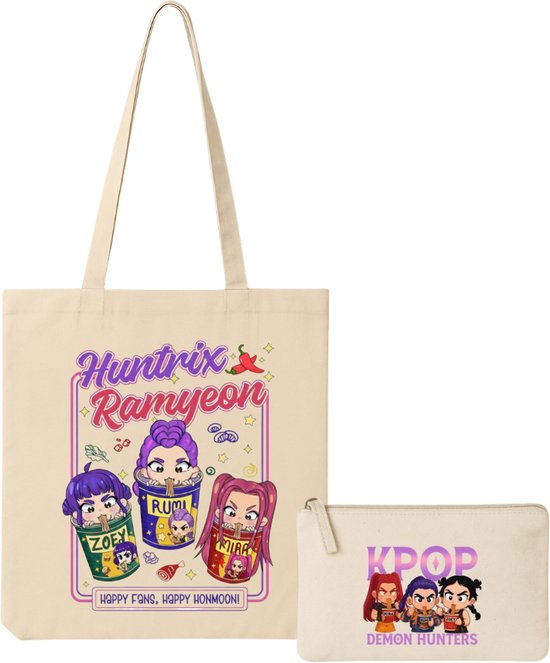 Sac fourre-tout et Set de toilette – HUNTRX K- Pop – Chasseurs de Demon – Saja Boys – Katoen – Beige – K-Pop – Rumi – Zoey – Mira
