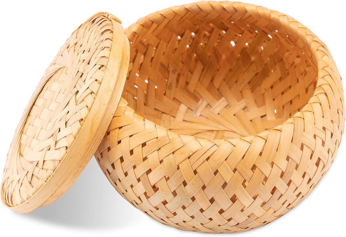 Kleine gevlochten bamboe bewaardoos met deksel - Decoratieve container voor opbergruimte