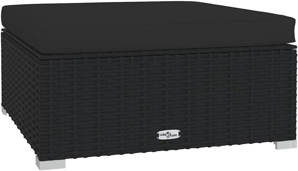 Voetsteun met Kussen 70x70x30 cm Poly Rattan Zwart - Tuin Ottoman, Hocker, Pouf
