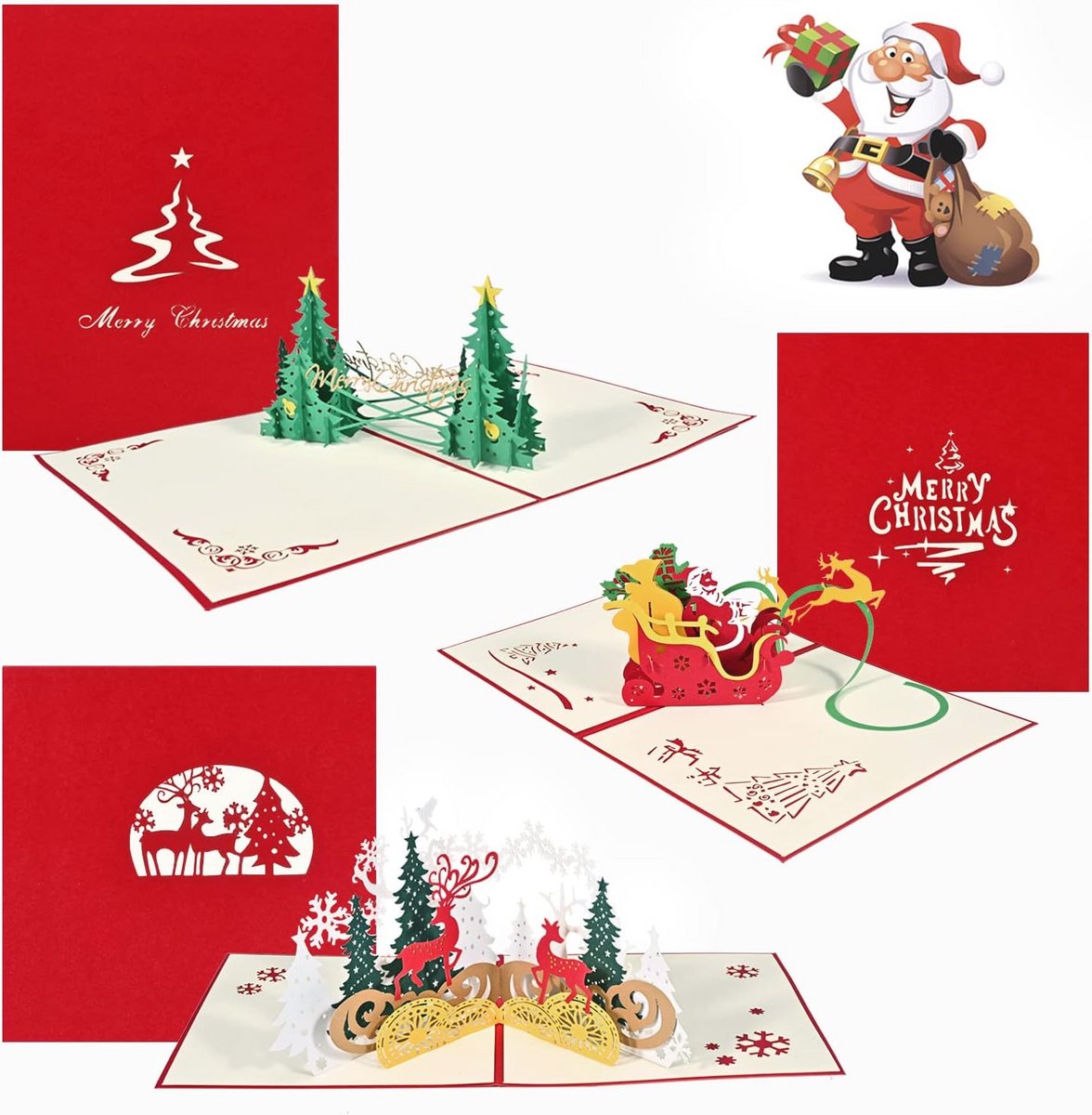 Viosmut Kerstkaarten met enveloppenset 3 stuks 3D grappige pop-up kaart Kerstmis kaarten cadeaukaart handgemaakt kinderen vrolijk kerstboom kerstman rendier wenskaart
