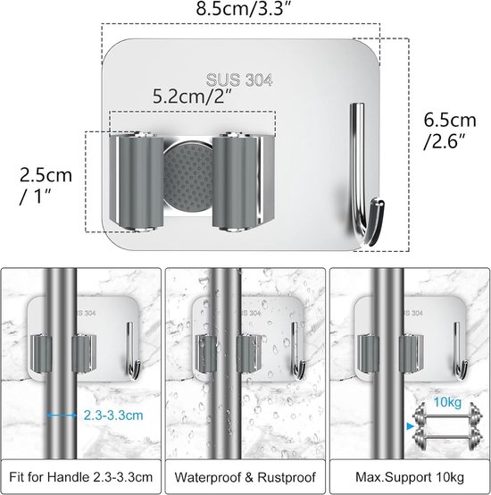 Bezemhouder - Ophangsysteem bezem - 4stuks - Gereedschapshouder - Ophangsysteem - Gereedschapsklem - voor keuken, tuin, badkamer, garage, balkon, kantoor, grijs — afbeelding 3