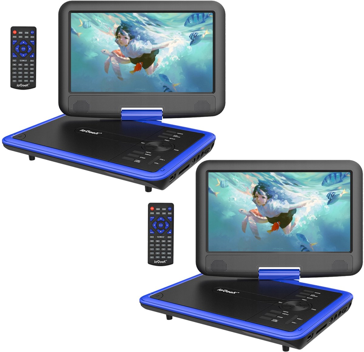 ieGeek IK-902 11" Portable dvd speler met 9" groot HD-draaischerm, 6 uur oplaadbare batterij, ondersteuning voor USB/SD-kaart/Sync TV en meerdere schijfformaten, geen regiobeperking, luidspreker met hoog volume, blauw - 2 stuks