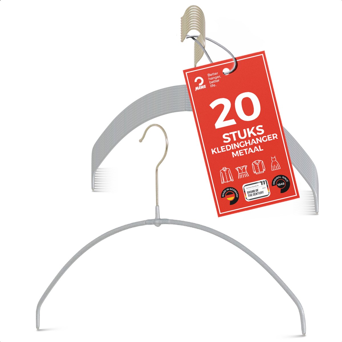MAWA Kledinghangers Light - Set van 20 - Ruimtebesparende en Antislip Hangers voor T-Shirts, Tops en Lichte Truien - 360° Draaibare Haak - Hoogwaardige Antislip-Coating - 40 cm, Zilver