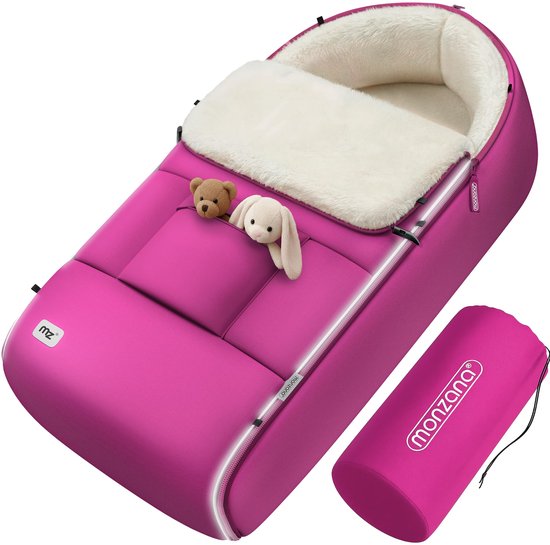 Fuchsia Monzana voetenzak met ritssluiting, witte fleece voering, twee teddyberen en een konijn. Inclusief opbergzak.