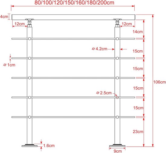Ansobea Leuning van roestvrij staal, 100 cm, roestvrij staal binnen 2