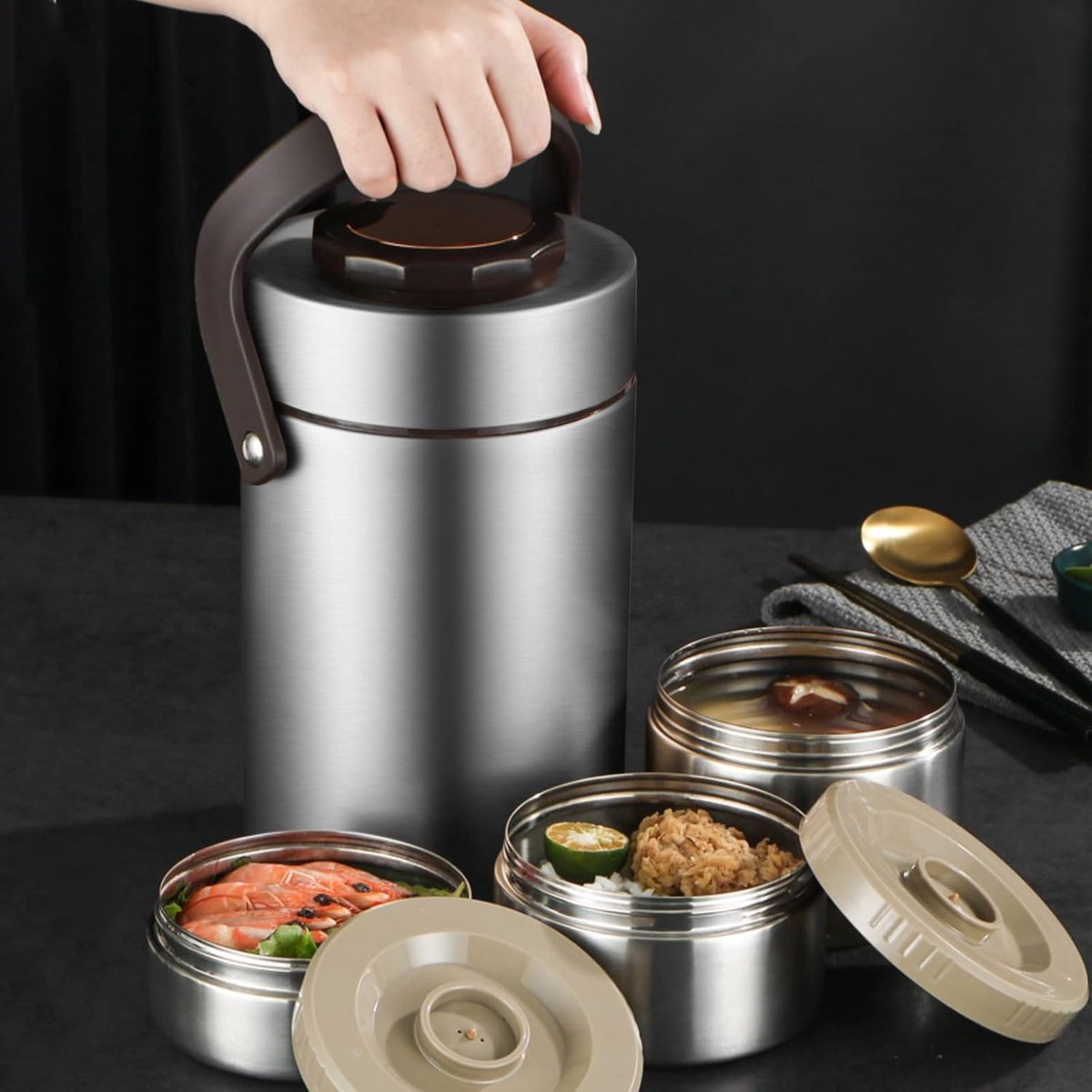 Thermosbeker - 3-Laags GeïSoleerde Lunchbox Voor Mannen - Travel Mug - Voedselcontainer Lunchpot - Lekvrije GeïSoleerde Pot - Voor Warme Maaltijden - Roestvrijstalen Thermische Bentobox Lunchtas - Bestek Voor Kantoorpersoneel Vrachtwagenchauffeur — cadeau in Koken & Dineren - foto 4