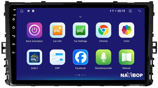 Autoradio Navibop avec applications : Boot Animation, Car Info, Car Settings, Chrome, Color, DAB-Z, DSP, Facebook, Enregistreur vocal, Manuel.
