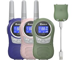 QNIQLO Q168Plus Macaron Walkie Talkie 3 Pack Children USB Rechargeable, 8 Channel Two-Way Communication,Good Help for Camping, Cycling, Hiking,Fashionable Festive Gift for Kids (Pink-GreenBlue)