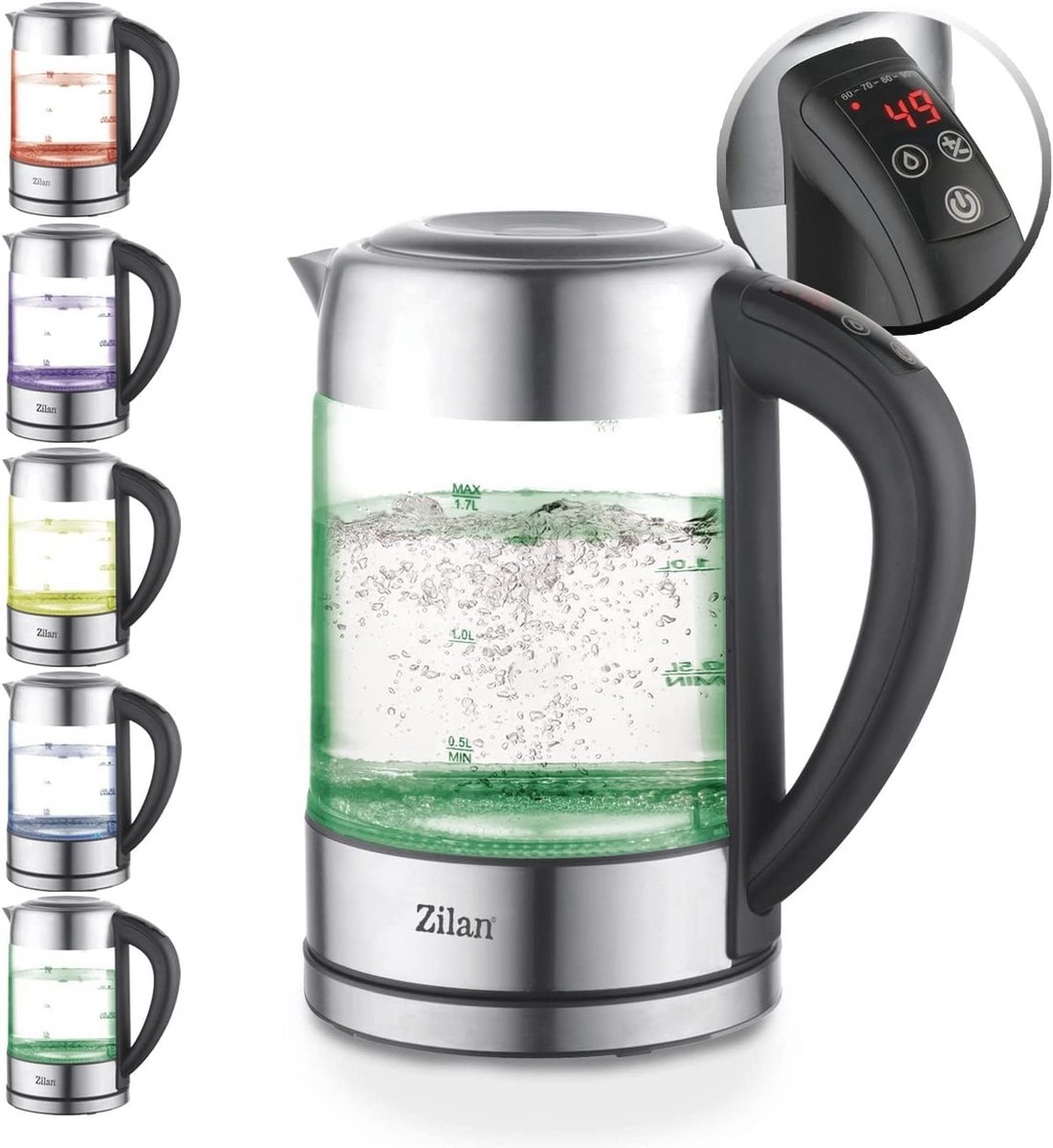 Draadloze Glazen Waterkoker met Digitaal Display en 5 Temperatuurinstellingen - 1,7 L