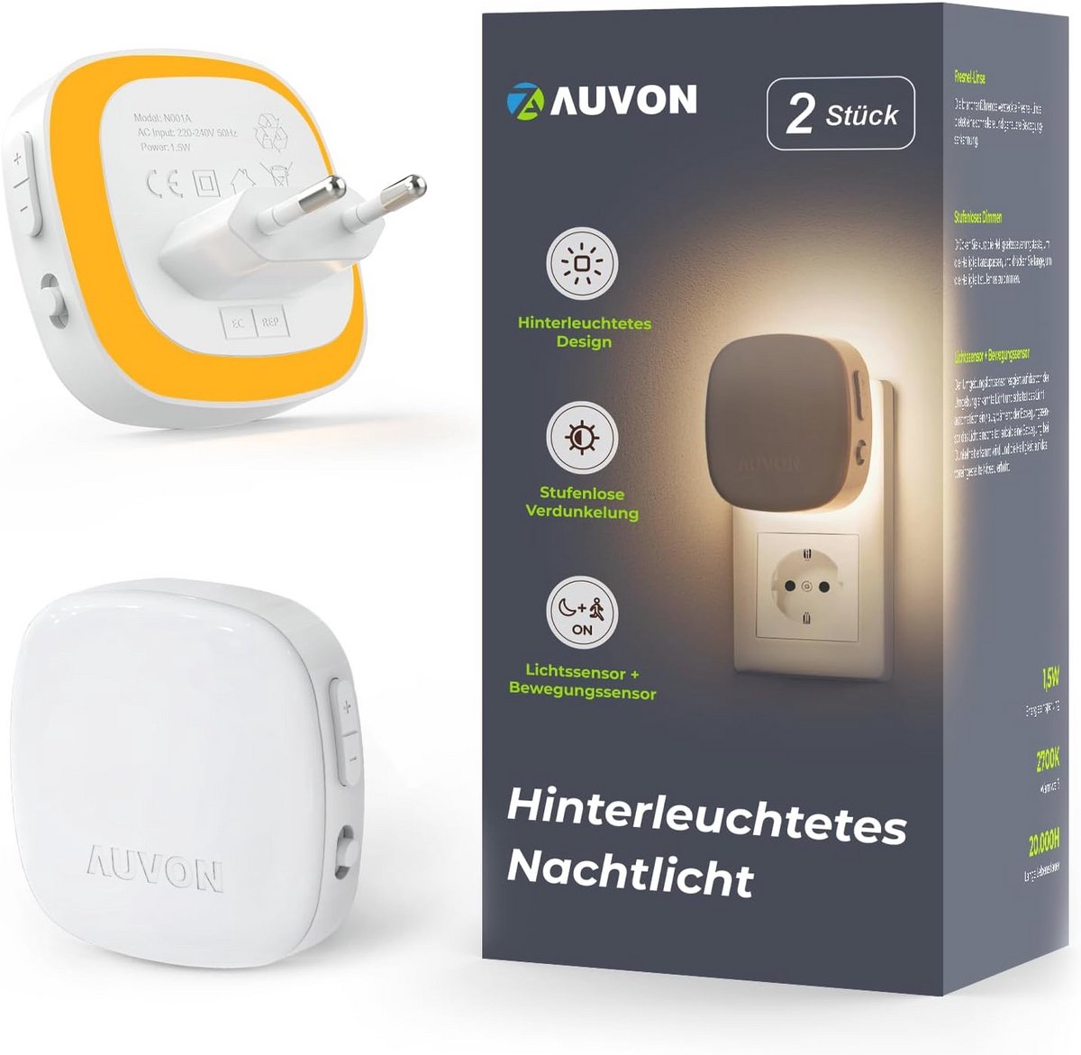 Plug-in LED Nachtlampje met Bewegingssensor en Dusk to Dawn Sensor - Dimbare Warme Witte Nachtverlichting met 1-50 lm Aanpasbare Heldereheid voor Badkamer, Slaapkamer, Hal, Trap (2-Pack)