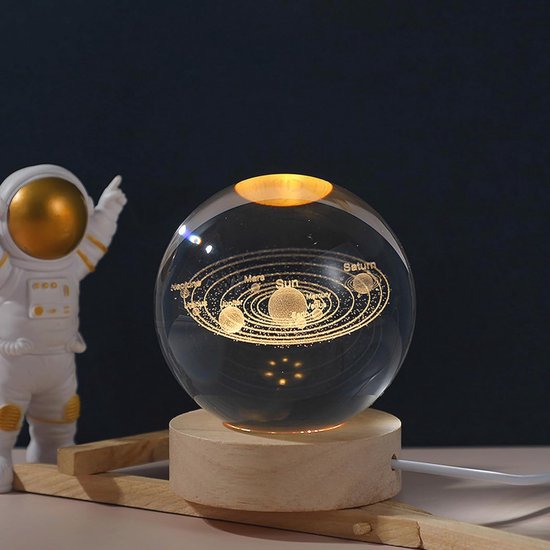 3D kristallen bol nachtlampje - Astronomie LED met houten sokkel - USB-oplaadbaar - Perfect voor kinderen, verjaardagen en feestdecoratie — afbeelding 2