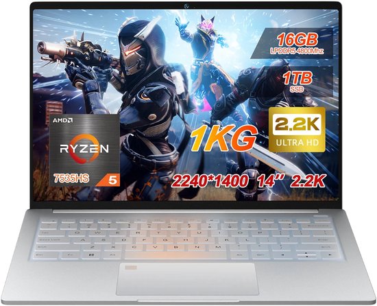 S14 Laptop 14 inch 2.2K 16:10 – AMD Ryzen 5 7535HS – 16GB LPDDR5 – 1TB NVMe SSD – 60Wh accu – WiFi 6 – Fingerprint – Windows 11 – Zilver - Ninkear - Hoofdafbeelding