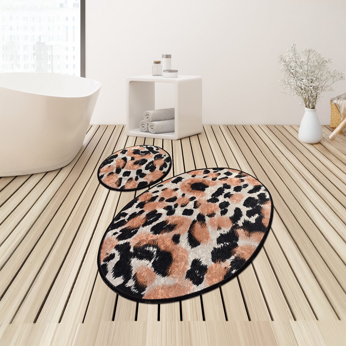 Bosdela Leopard Oval 2-delige Wasbare, zachte en comfortabele badmatten, toiletmatten en badkleden zijn ideaal voor de badkamer en het toilet 60x100 + 50x60 cm