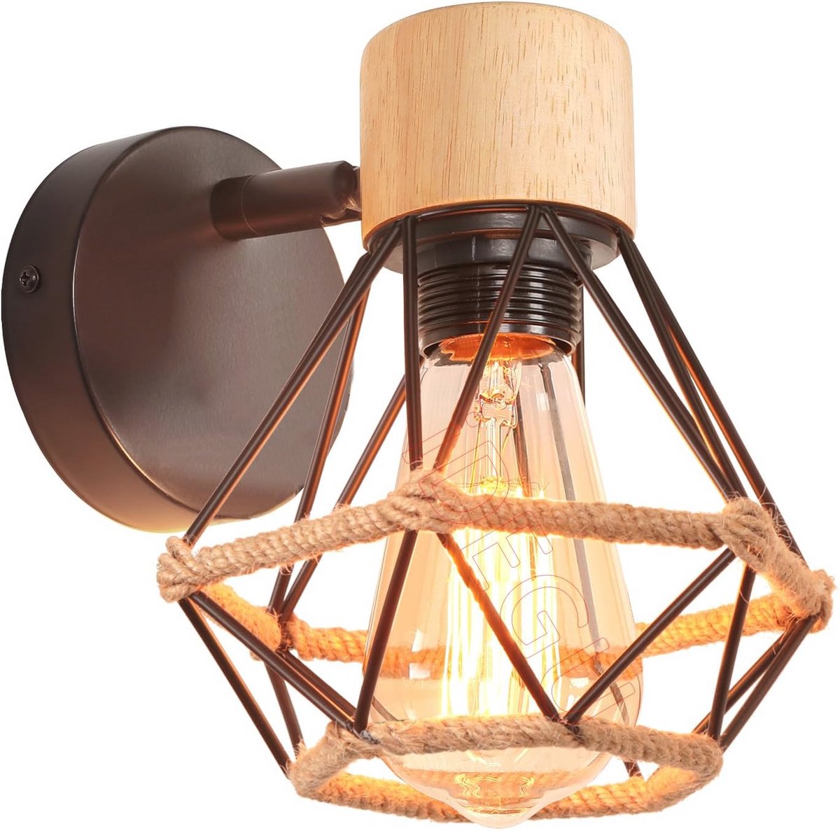 Vintage wandlamp met verstelbare kooi en henneptouw