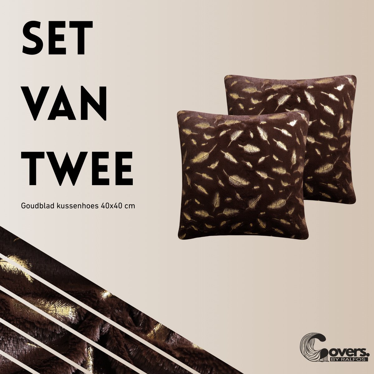 Covers By Ralfos - Set van 2 | Kussenhoes 40x40cm | Bruin Pluche Bladgoud | Kerstsfeer | Luxe Sierkussenhoes | Velvet Look | Kerst | Zonder Vulling